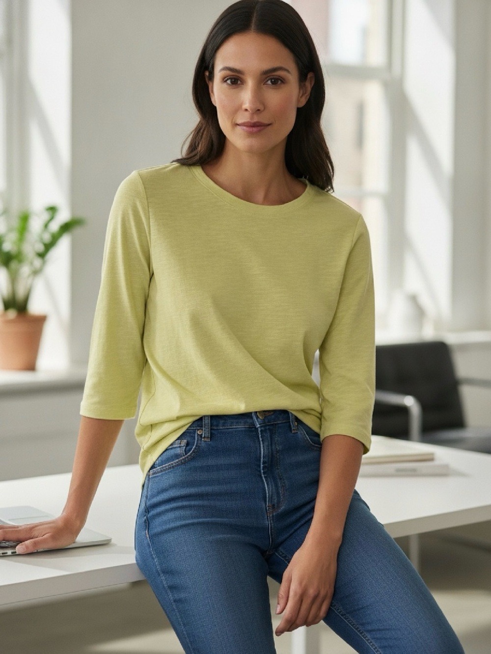 DENIM & COMPANY WOMEN’S 3/4 SLEEVE LIGHT WEIGHT T-SHIRT